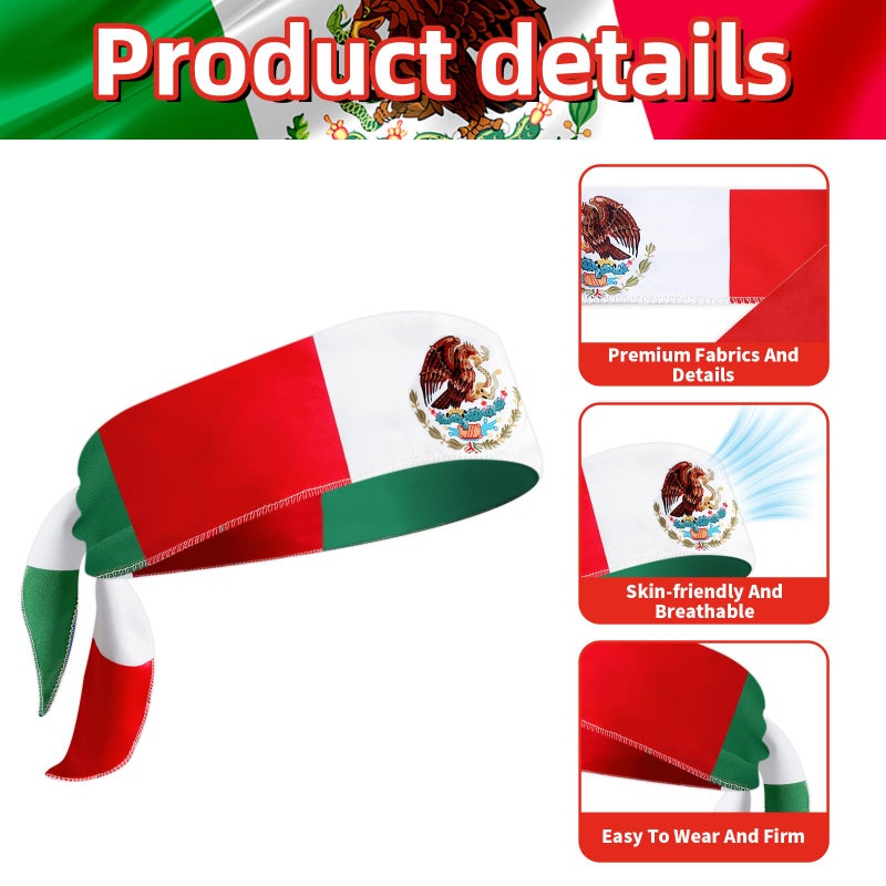 Geodurn Mexican Flag Headband for Men Women, Mexican Flag Tie Bandana with National Emblem – Patriotic Tricolor Head Wrap for Cinco de Mayo, Sports Events, Parades, and Festivals - Image 3